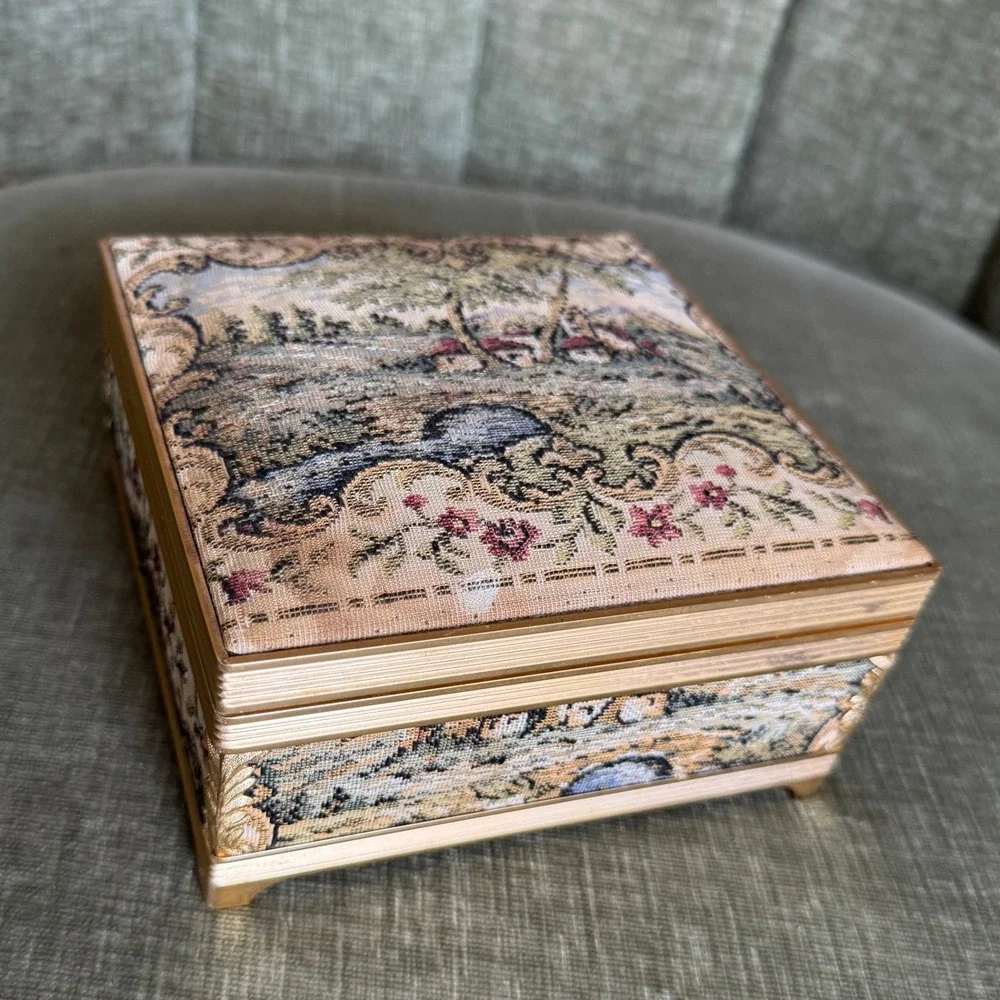 Vintage Tapestry Music Jewelry Box Gold Tone Floral Landscape Velvet Works
